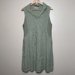 Terzo Millennio Italian Linen Midi Dress Women's L Sleeveless Collar Sage Green